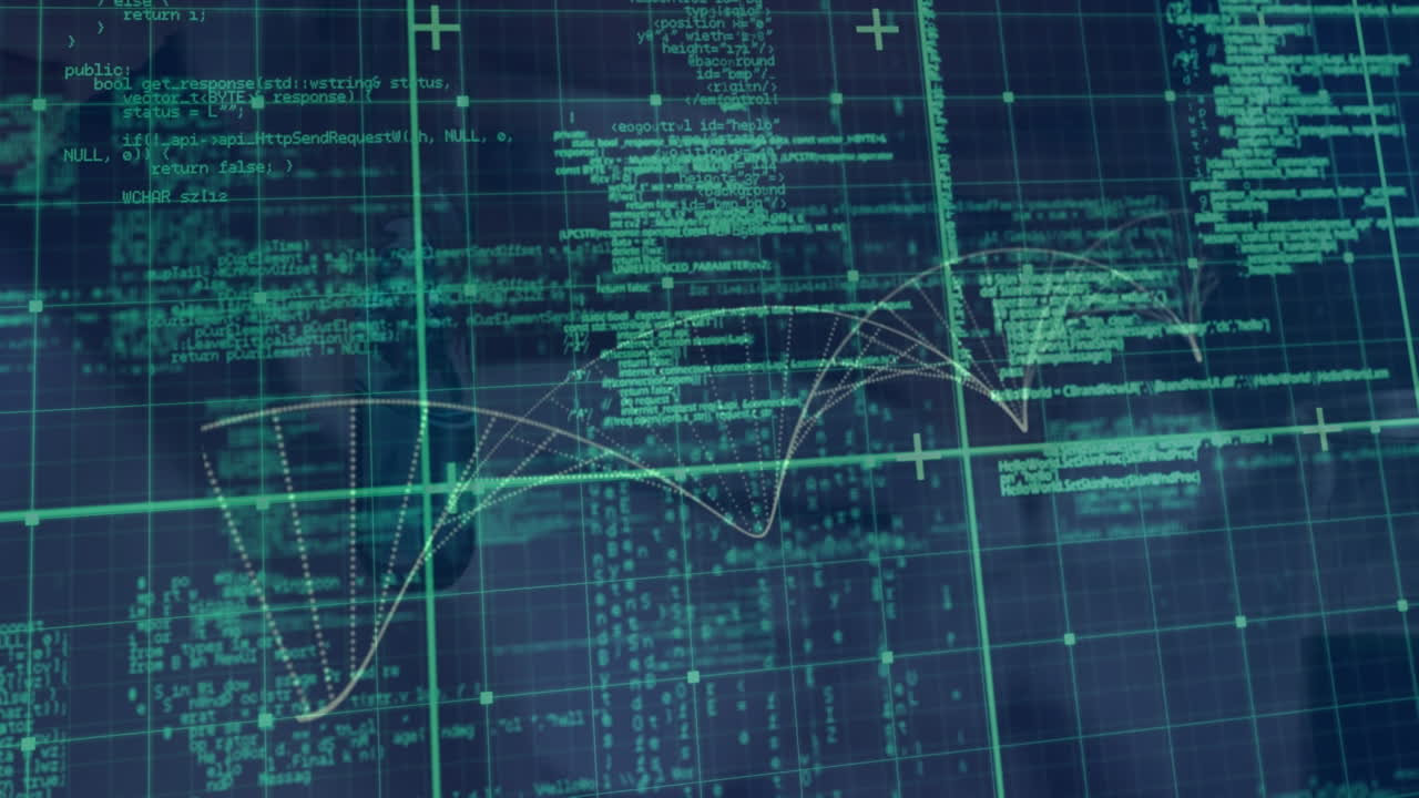 Animation of data processing and shapes over data processing on black background
