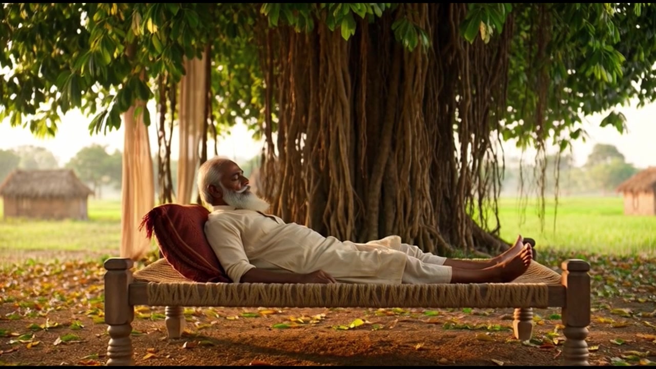 Elderly Man Resting on a Traditional Woven Cot Under a Banyan Tree