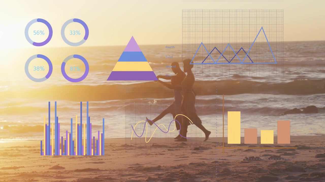 Familj promenerar och kopplar av på en strand i solnedgången, där rörelse initierar datadiagram som uppdateras över silhuetter.