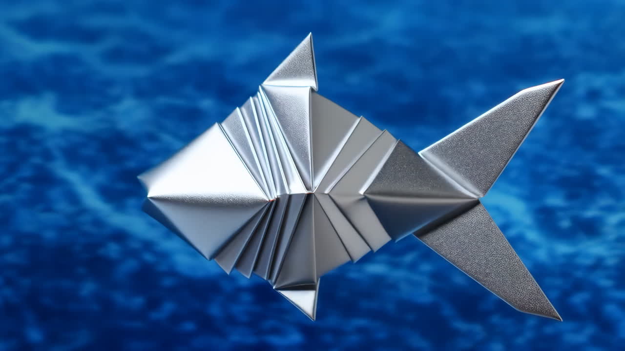 Metallic Origami Fish Rotating Slowly on Blue Water Background