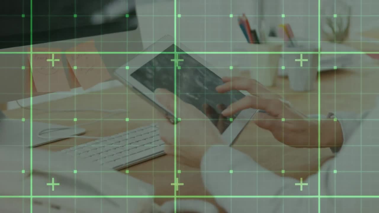 Animation of data processing on digital screen over hands of caucasian woman using tablet