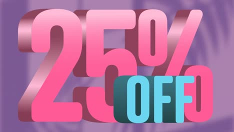 animation of text, 25 percent off, with plant shadows on lilac background