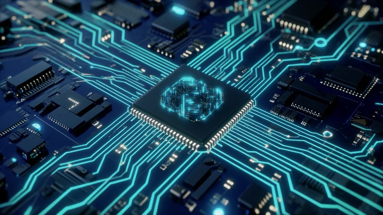 Digital Processor Chip on Circuit Board with Glowing Data Flow