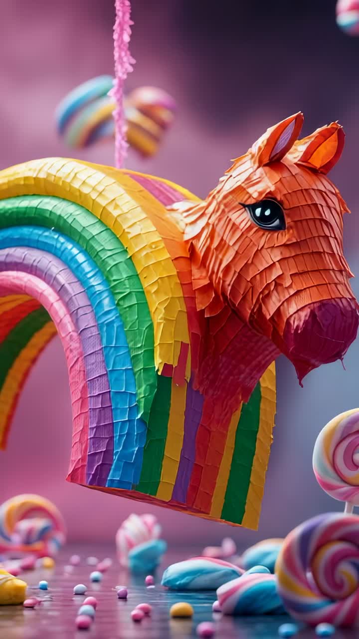 Vertical video: Hanging horse-shaped pinata swaying in pink studio, with pastel candies