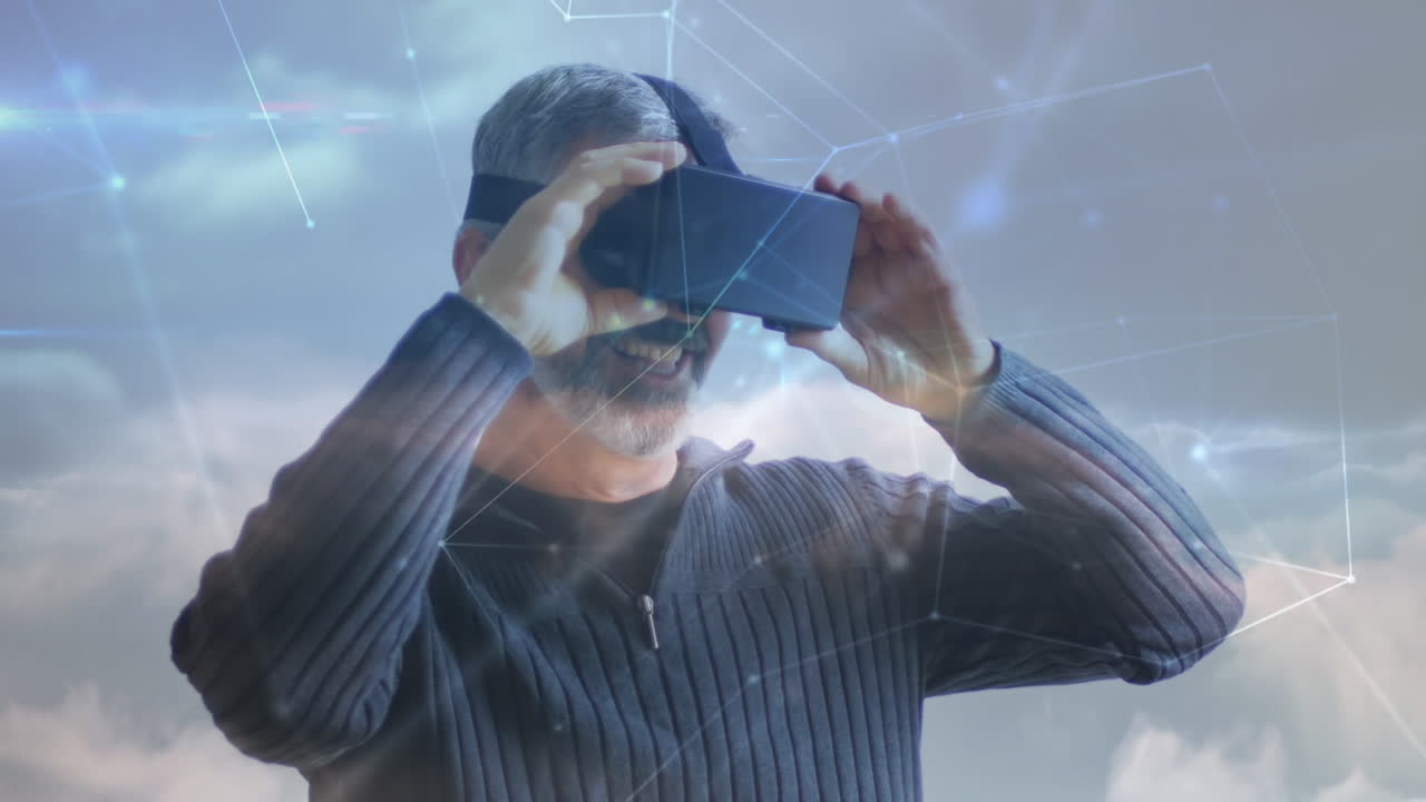 Animazione di elaborazione dati su un uomo che utilizza un visore VR.