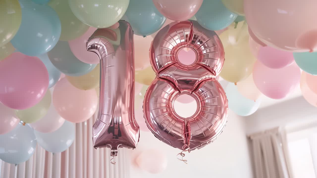 Floating rose-gold 18 balloons among pastel balloons at home, camera shifting for 18th birthday