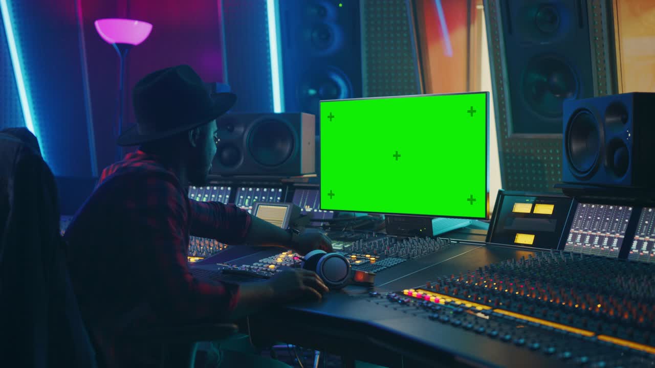 Produttore audio elegante che lavora in uno studio di registrazione musicale, utilizza un display per computer con green screen chroma key, mixer, equalizzatore e banco di controllo per creare una nuova canzone di successo. Artista musicista nero creativo