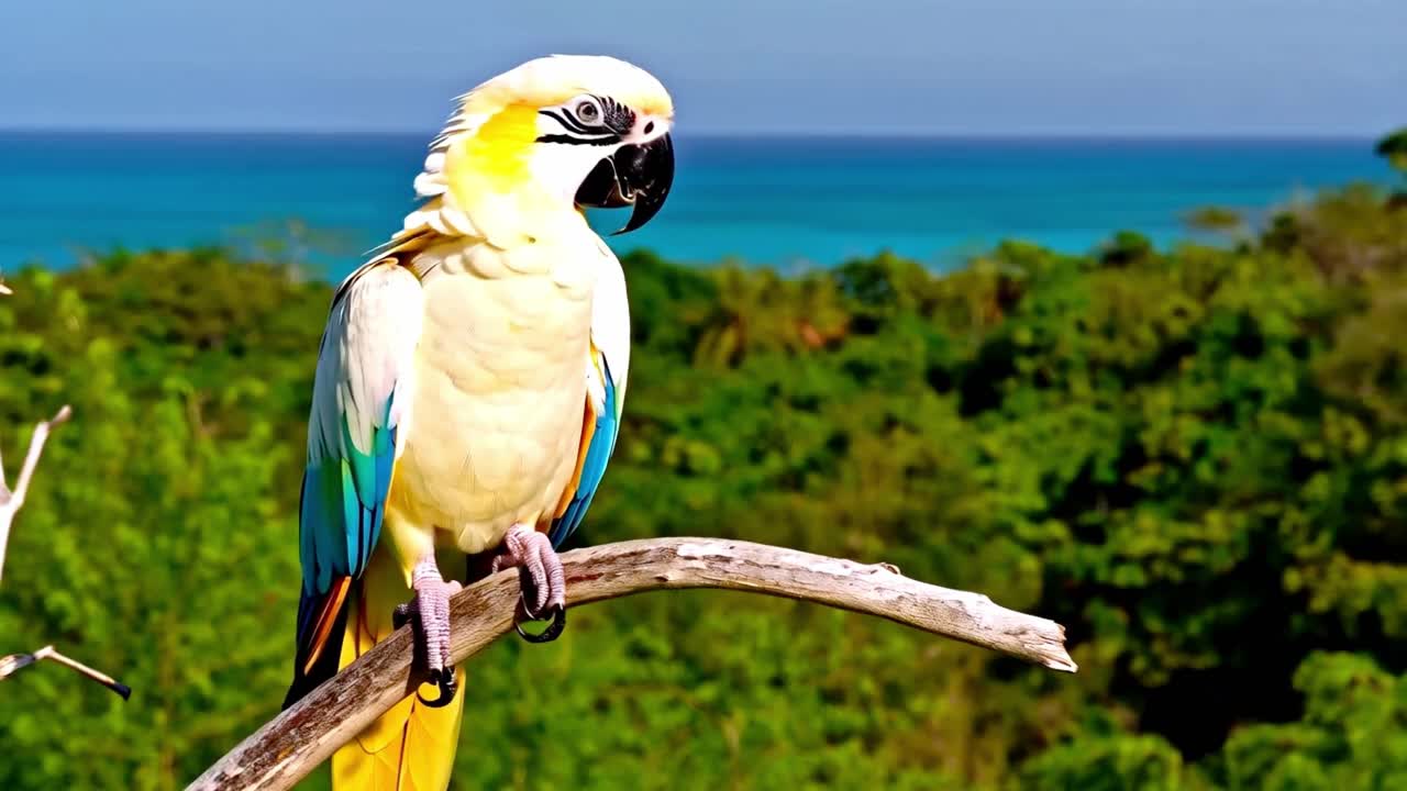 Colorful Parrot Perched on a Branch Overlooking a Tropical Landscape