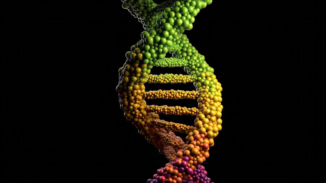 Dupla Hélice de DNA Colorida em Fundo Científico Preto