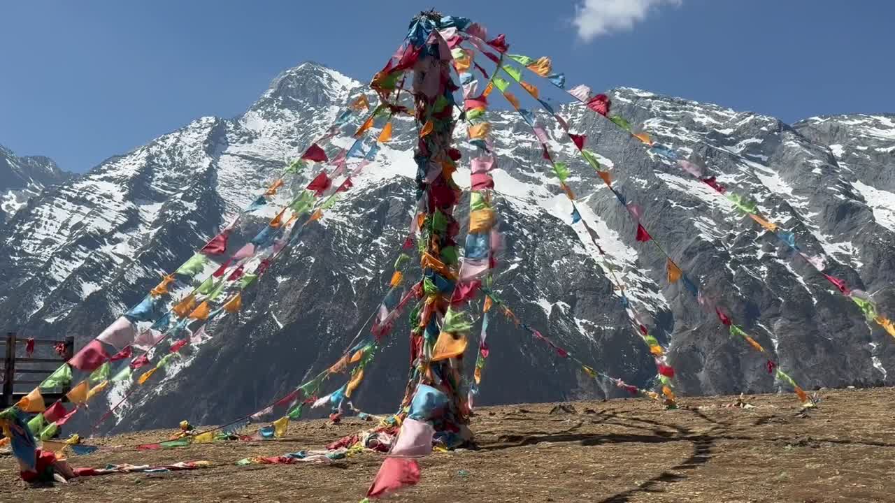 Colorful prayer flags tied to a tall pole near Muktinath in Mustang, Nepal, with snow-covered Himalayan peaks in the background symbolizing peace, spirituality, and mountain devotion