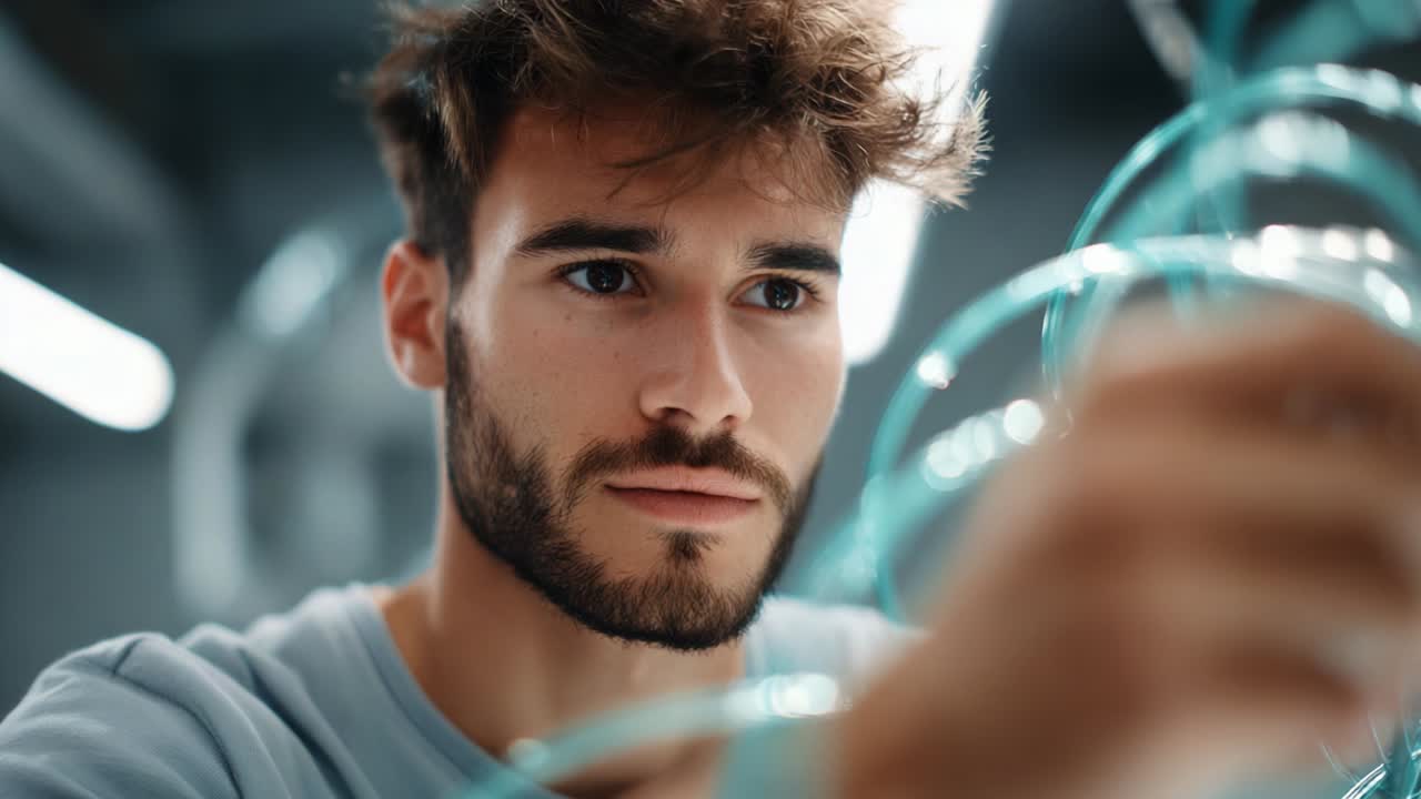 Focused Young Man Engaged with Transparent Tubing in a Modern Setting, Reflecting Concentration and Precision in an Innovative Environment Filled with Creative Potential and Exploration