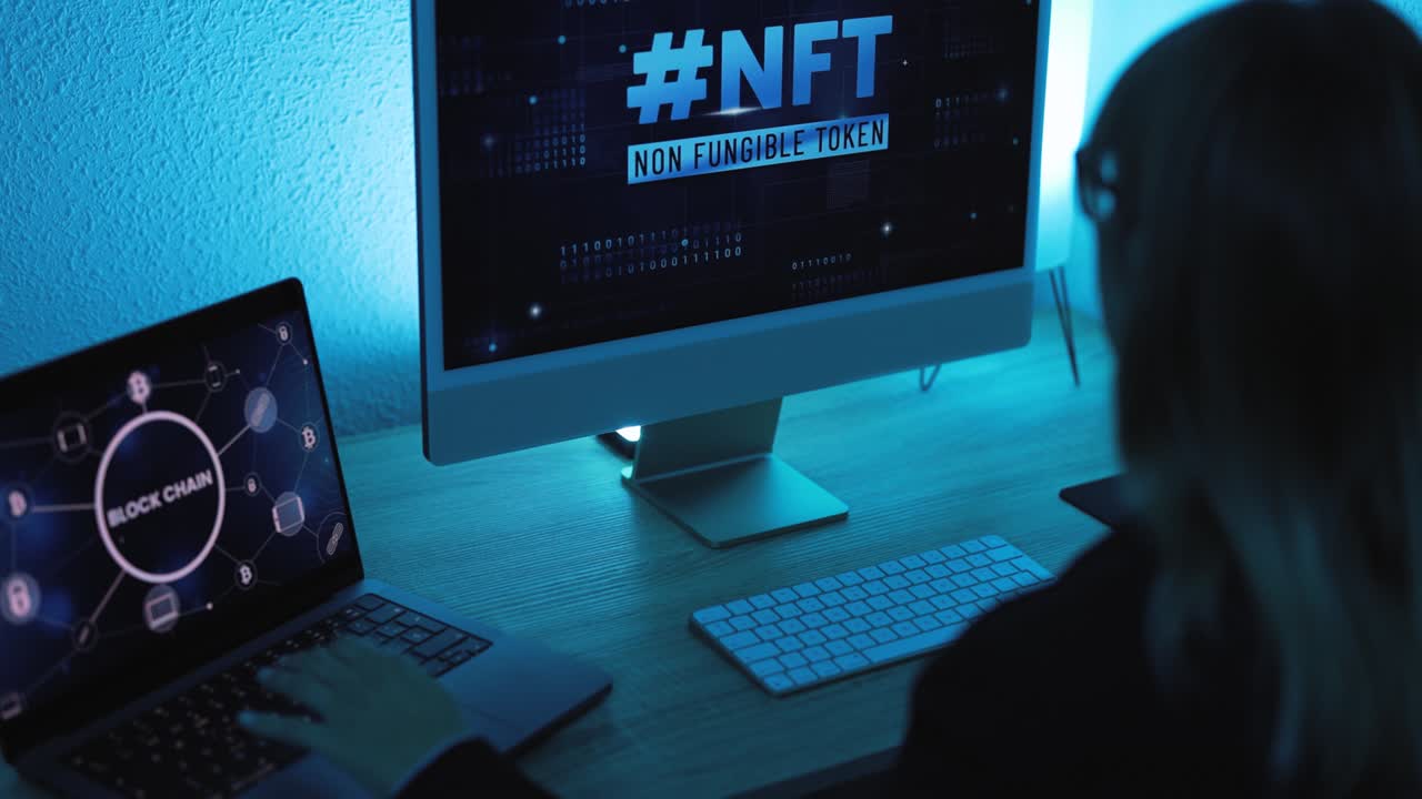 Young woman buying NFT on Blockchain market - New Technology Token Concept