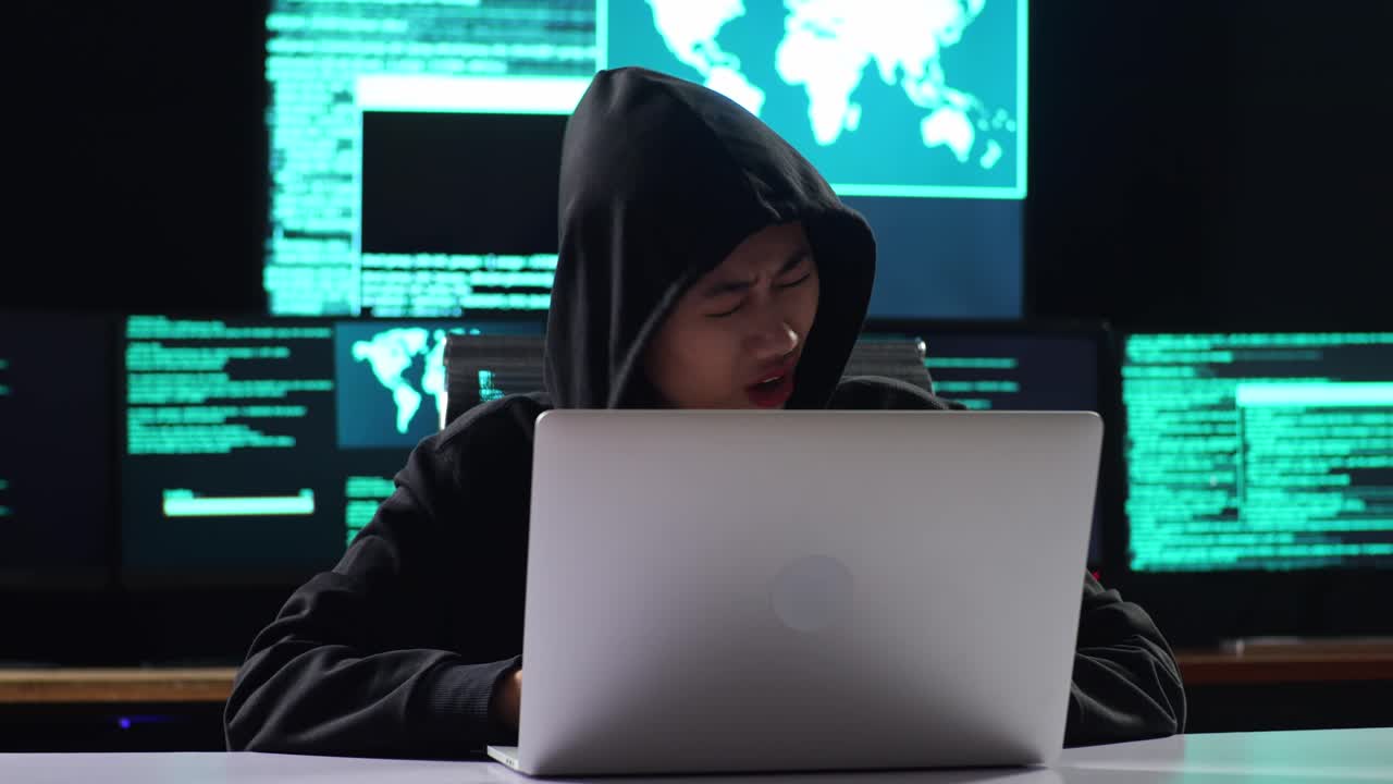 Asian Female Hacker In A Hood Having A Headache While Works On A Laptop With Maps And Data On Display Screens Of Multiple Monitors In A Dark Office Room