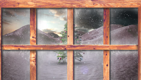 animación de nieve cayendo y árbol de navidad en el paisaje de invierno visto a través de la ventana