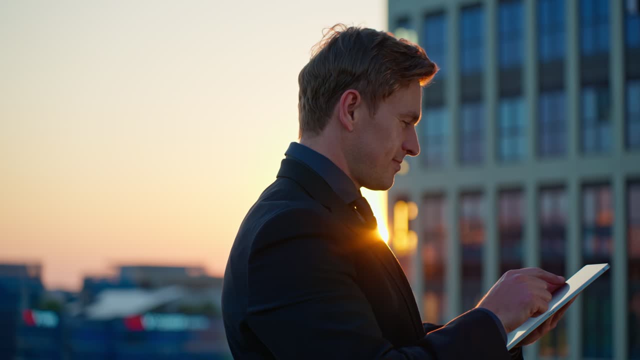 Smiling businessman touches tablet screen on modern office rooftop terrace at sunset with glowing sun behind - close-up, parallax shot