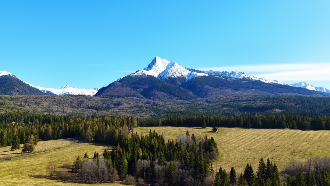 Splendida ripresa aerea con drone dell'iconica montagna Kriváň negli Alti Tatra, Slovacchia. Paesaggio scenografico con foresta, prato e cime innevate sotto un cielo azzurro e limpido, perfetto per temi di viaggio e natura.