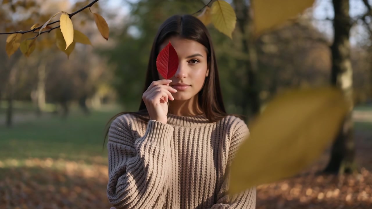 Mettendo a fuoco si rivela una donna con un maglione che tiene una foglia rossa sull'occhio destro in un parco per un ritratto.