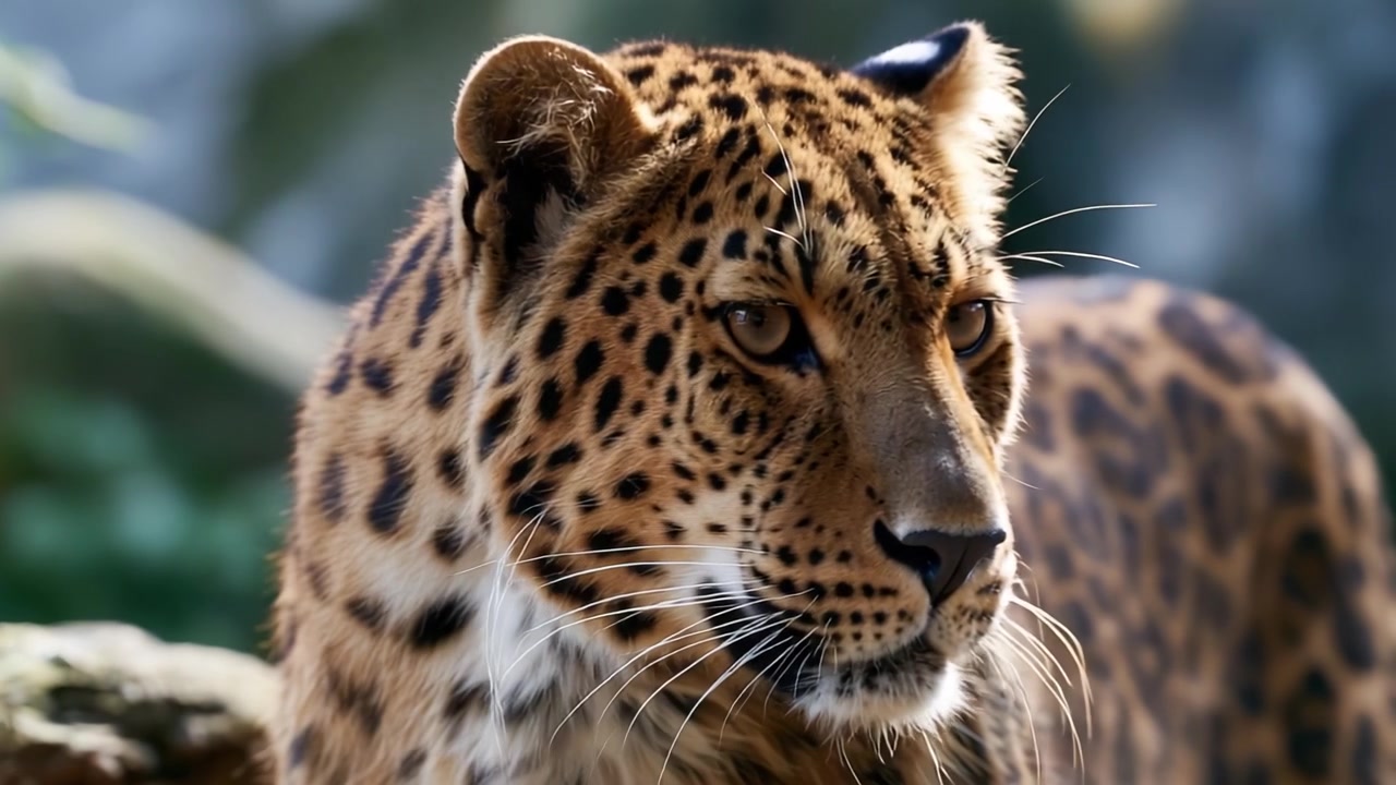Çevresini gözlemleyen görkemli bir leopar, doğal yaşam alanının özünü zarafet ve güçle yakalıyor, yaban hayatının güzelliğini ve gizlenme sanatını temsil ediyor.