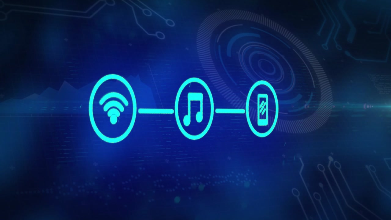Digital audio flow being animated on blue interface with bars linking three glowing cyan icons