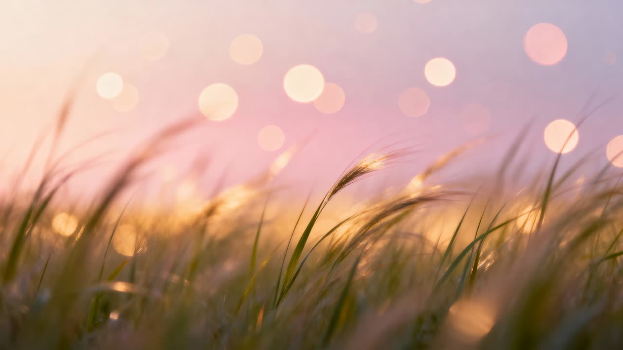 Swaying tall grass and seed heads responding to light breeze in grassy meadow, with circular bokeh