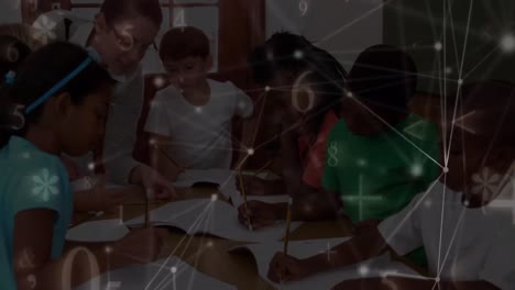 Animation of networks of connections and numbers over diverse schoolchildren and teacher