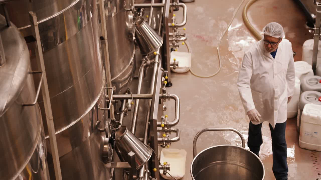 Trabalhador de fábrica examinando tanques de armazenamento.