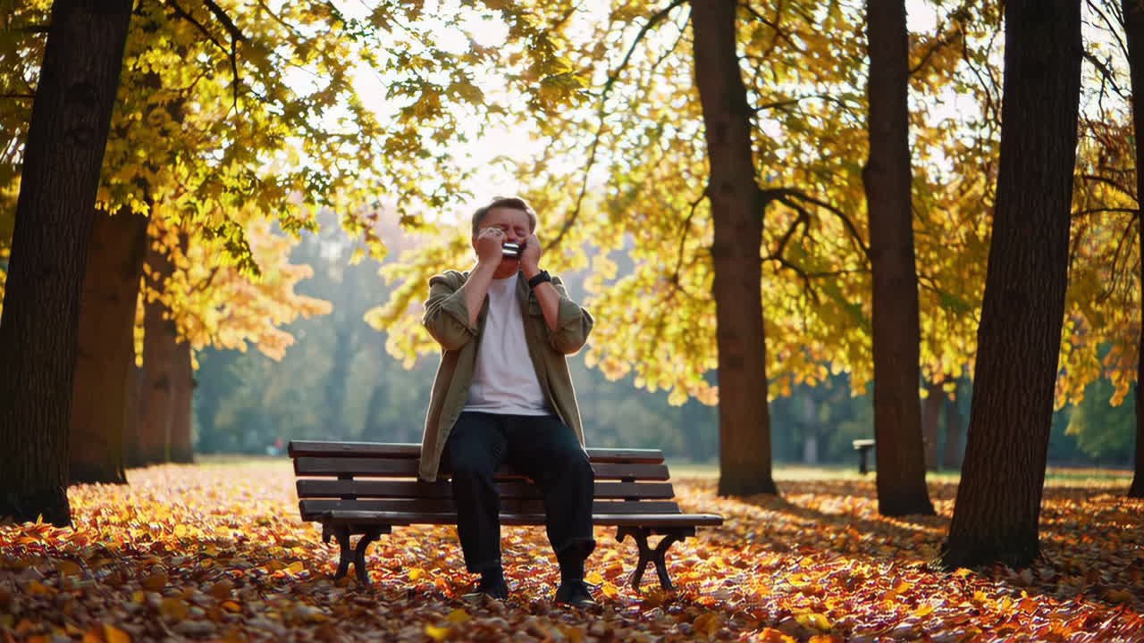 Man Playing Harmonica in an Autumn Park