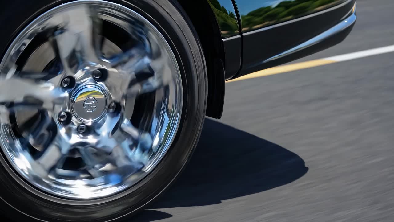 Dynamic video concept of a spinning car wheel, captured from a low-angle, showcasing motion