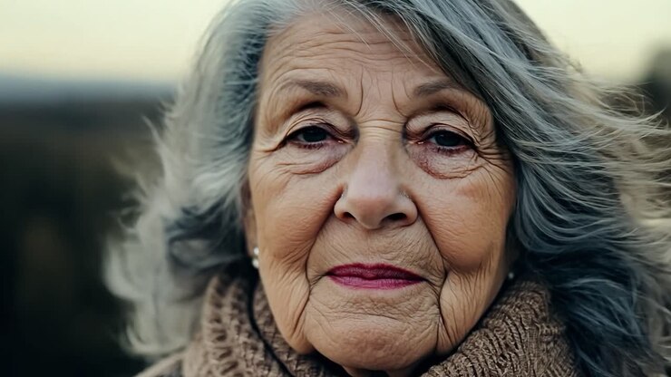 Close up of a senior woman showcasing subtle emotions. Her face reveals the beauty of aging, with wrinkles that tell stories of wisdom and experience, radiating peace and contentment