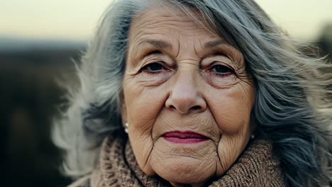 close up of a senior woman showcasing subtle emotions. her face reveals the beauty of aging, with wrinkles that tell stories of wisdom and experience, radiating peace and contentment