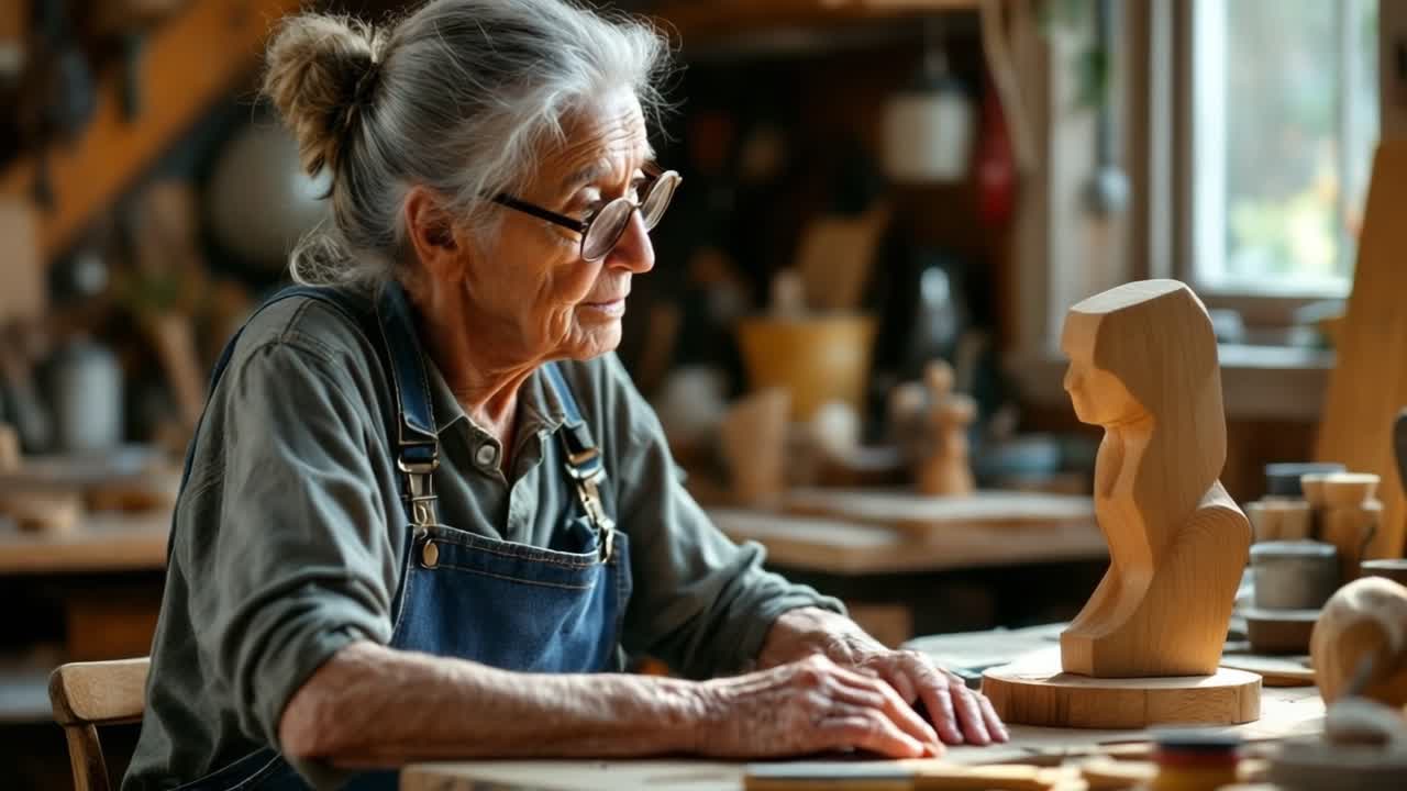 Senior artisan carefully sculpting wooden statue, hands guiding traditional carving tools, crafting intricate cultural heritage artwork