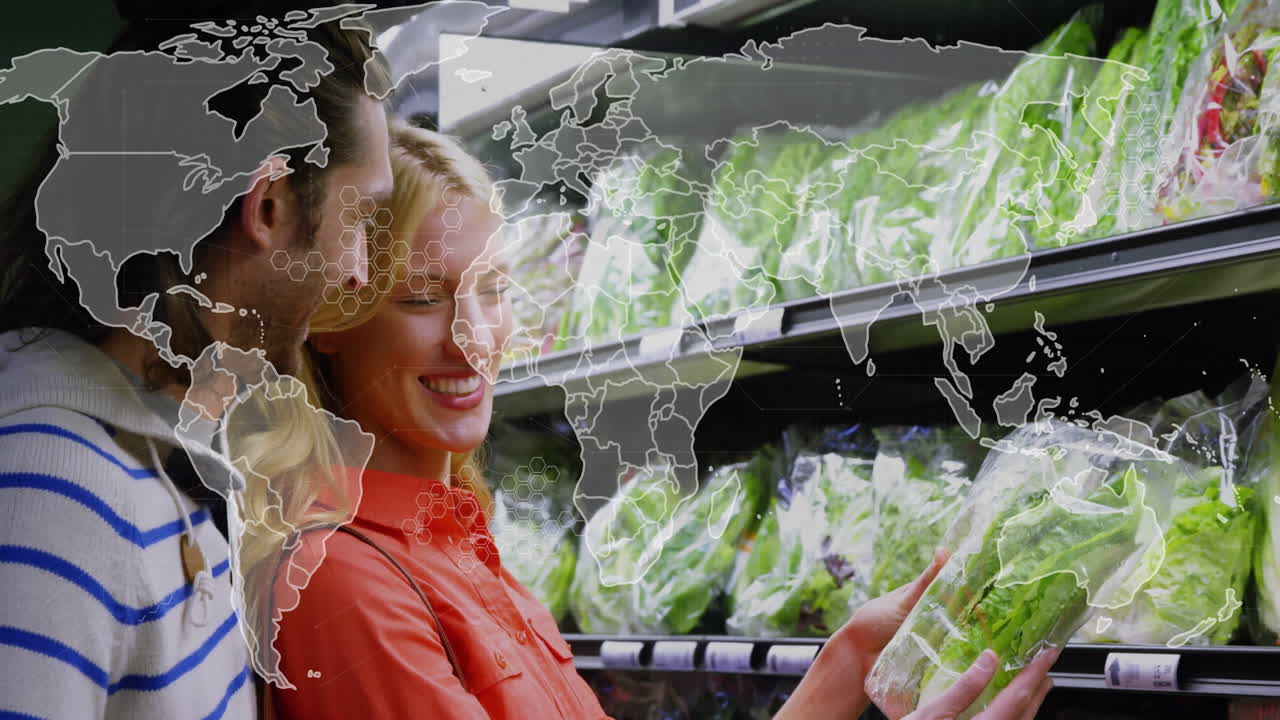 Smiling people shopping for vegetables with world map overlay animation