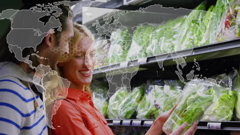 smiling people shopping for vegetables with world map overlay animation