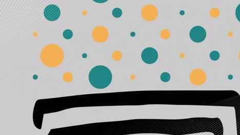 Animation-of-blue-and-yellow-dots-and-black-shapes-moving-over-grey-background