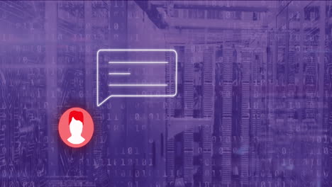 animación de iconos de perfil, cuadro de mensajes, códigos binarios y lenguaje de computación a través de sistemas de servidor de datos