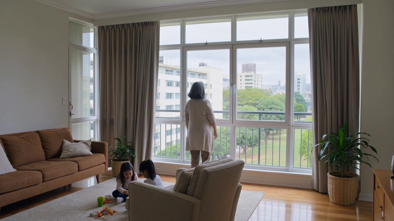 Noticing dim room woman in housecoat opening curtains and stepping onto balcony