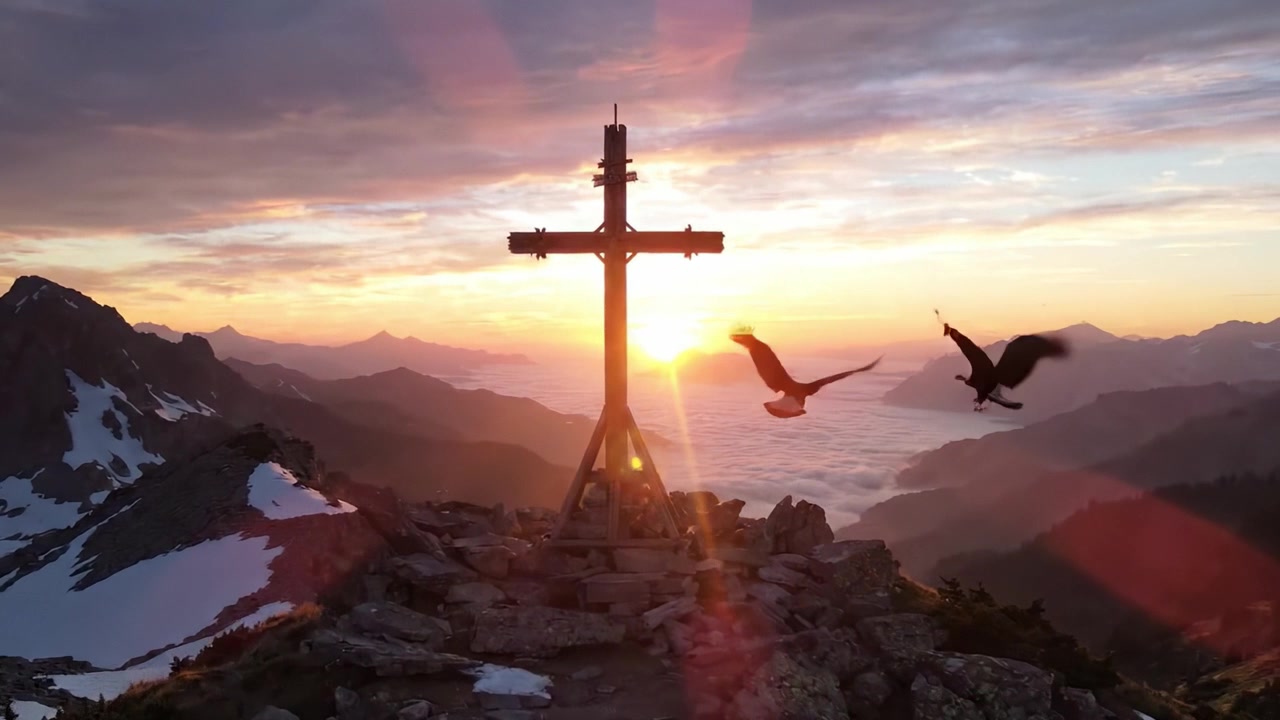 Majestetisk soloppgang oversett av et kors: En rolig fjellscene med skyer og topper badet i morgenlys.