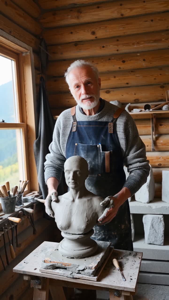 Elderly sculptor presenting a clay bust in his workshop