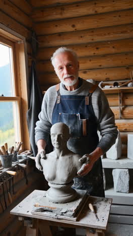 elderly sculptor presenting a clay bust in his workshop