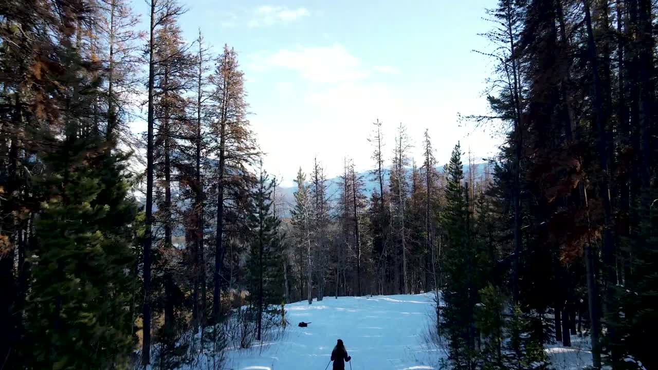 Girl cross country skiing toward mountain