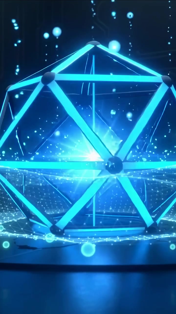 Vertical video: Pulsing wireframe polyhedron with core glowing, rotating on base and rising sparks