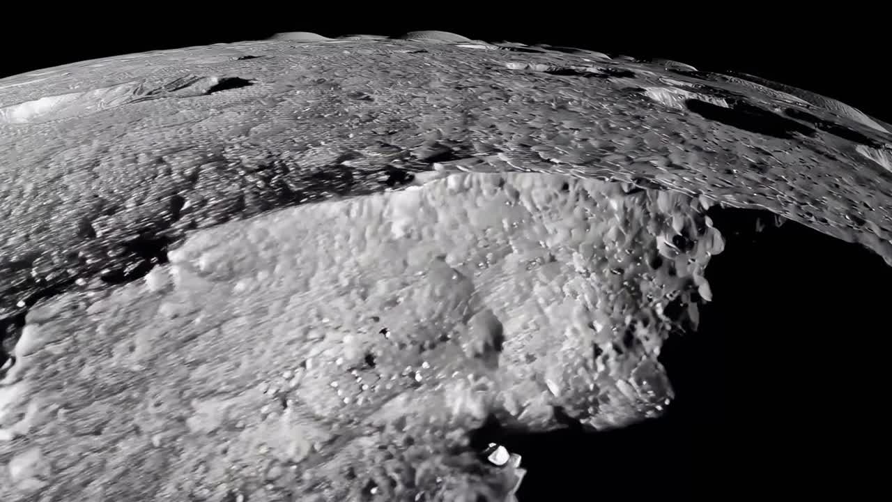 A video still of the moon's cratered surface, captured from a low-angle perspective