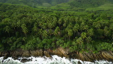 koh lanta remote huts in lush thailand jungle on rocky coastline, aerial reveal