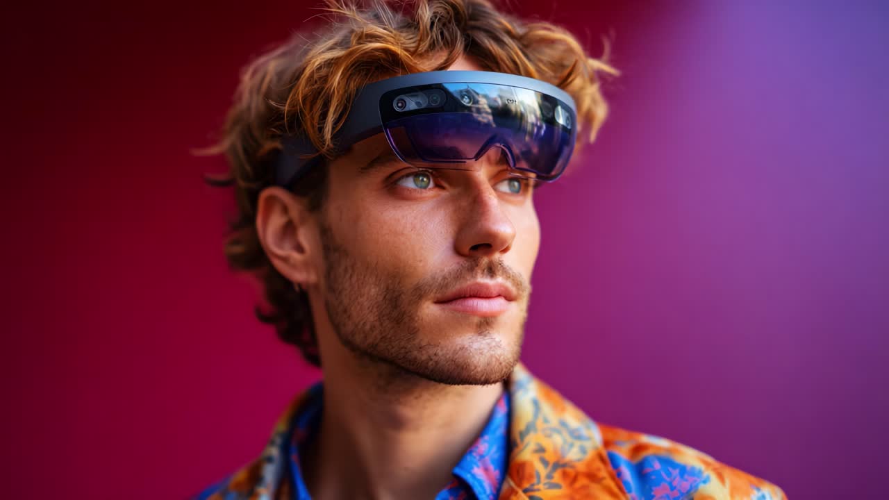Stylish man wearing futuristic smart glasses against a vibrant purple backdrop, showcasing a blend of technology and fashion in a captivating portrait session