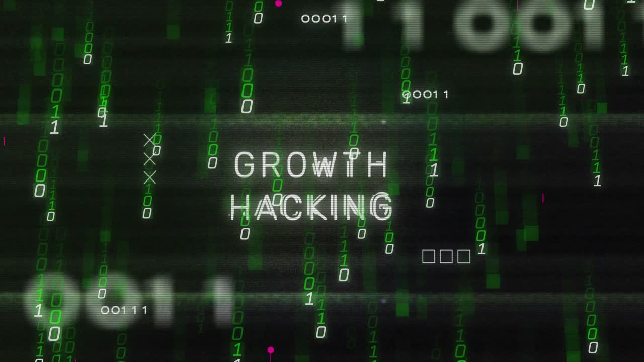 Animation of growth hacking text with binary codes and circuit board pattern over black background
