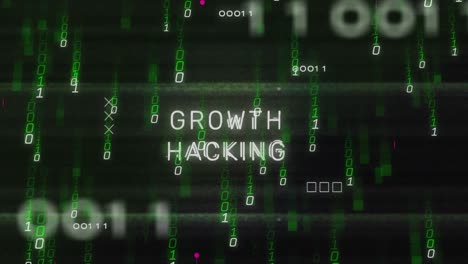 animation of growth hacking text with binary codes and circuit board pattern over black background