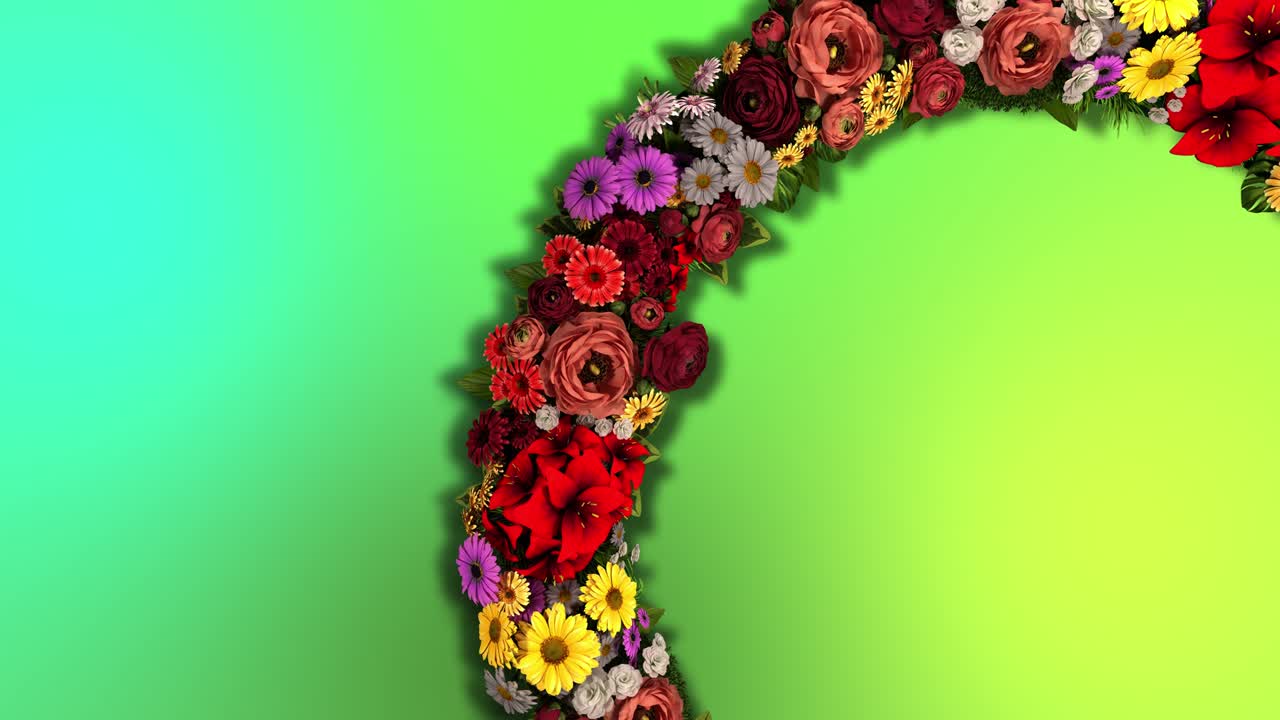 анимация вращающегося кольца цветов на многоцветном фоне. видео цикл