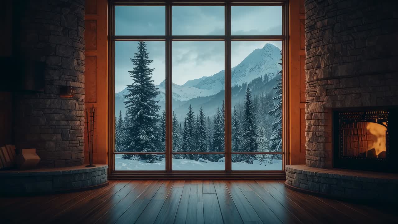Zooming camera focusing on window at mountain cabin, showing warmth against snowy forest