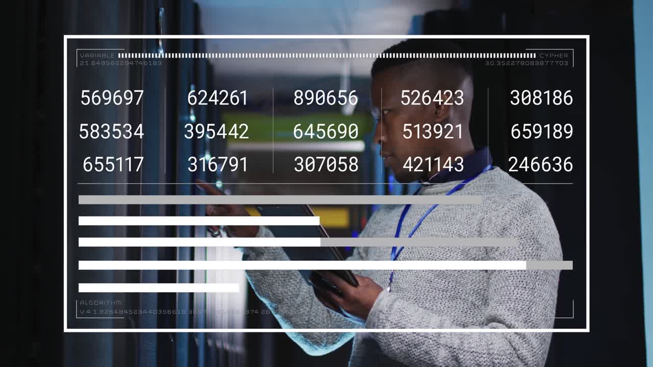 Animation of data processing over african american male engineer using tablet at server room
