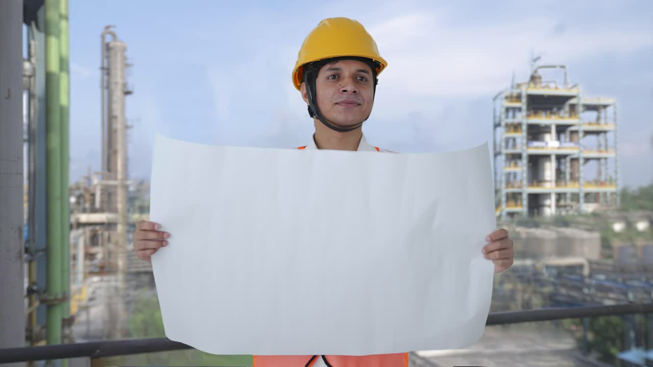Happy Indian architect looking at the blueprint of building